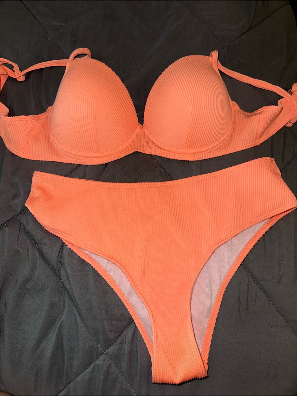 Ribbed Coral-Orange Tied Bikini Set - Supportive Padded Top & High-Cut Bottoms